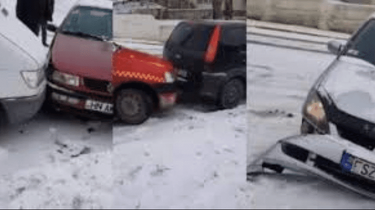 (VIDEO) Aproximativ 10 automobile s-au „pupat” la Hîncești din cauza lipsei de materiale antiderapant pe carosabil
