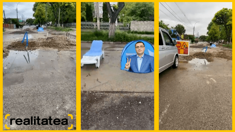 (STOP CADRU) PACE continuă circul de la Bălți – Șezlong și cort cu poza lui Usatîi pe o stradă cu apă