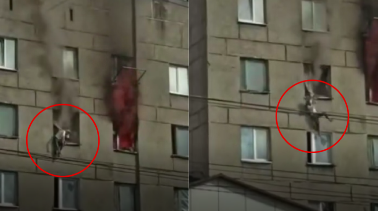 STOP CADRU Momentul în care o femeie sare dintr-un apartament în flăcări situat la etajul patru