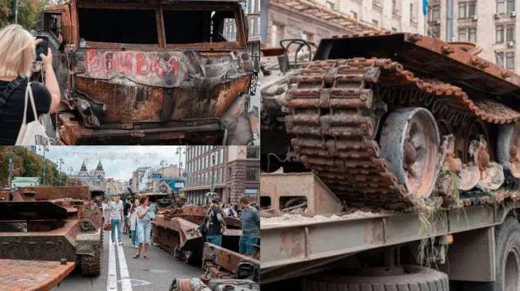 FOTO, VIDEO Înainte de Ziua Independenței, Zelenski scoate în centrul Kievului tehnică rusă distrusă. Replica lui Putin