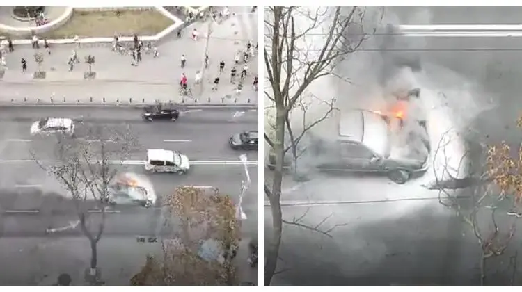 FOTO, VIDEO Fum puternic în centrul Capitalei! O mașină de model Nissan a luat foc din mers