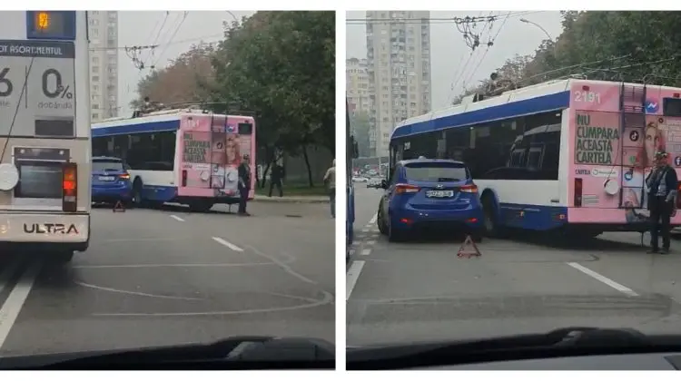 VIDEO Clipe de spaimă pentru pasageri! Un troleibuz și un automobil s-au tamponat în Capitală