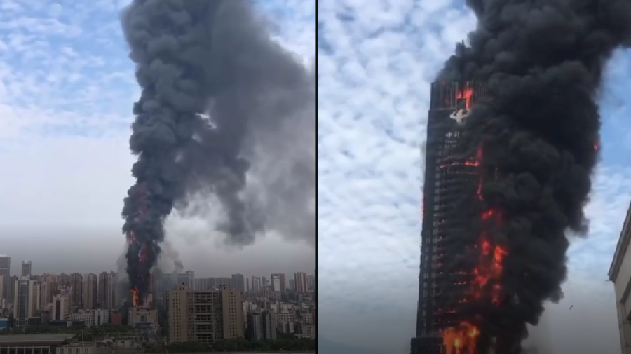 VIDEO Incendiu devastator în China! O clădire de peste 200 de metri a fost cuprinsă de flăcări