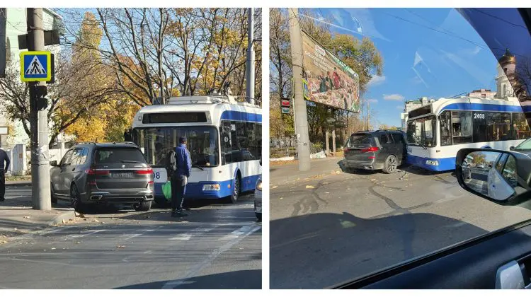FOTO Impact violent în sectorul Botanica. Un BMW și un troleibuz nu au putut împărți drumul