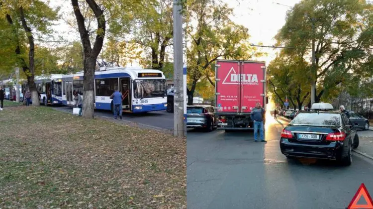 FOTO Un Mercedes și un camion s-au tamponat în Capitală. Transportul public spre Telecentru – oprit