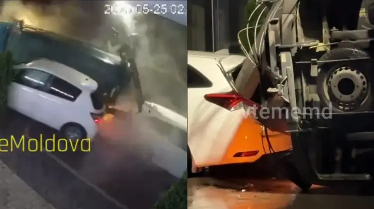 Accident în Chișinău: Momentul în care două mașini se ciocnesc, iar un pilon cade peste o Toyota
