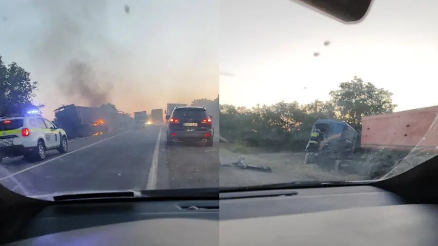 VIDEO Impact grav pe șoseaua Balcani: Două camioane s-au ciocnit, unul a luat foc. Sunt răniți