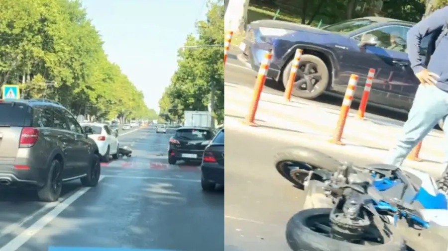 Impact puternic între o mașină și o motocicletă. Accidentul, surprins de o cameră de bord