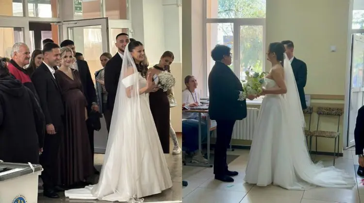 FOTO La costum și în rochie albă de mireasă: două cupluri de miri au votat în ziua nunții lor