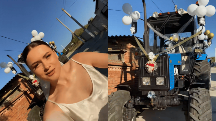 VIDEO Fiica unui agricultor a surprins Moldova, după ce a defilat cu mirele cu tractorul și nu cu limuzina