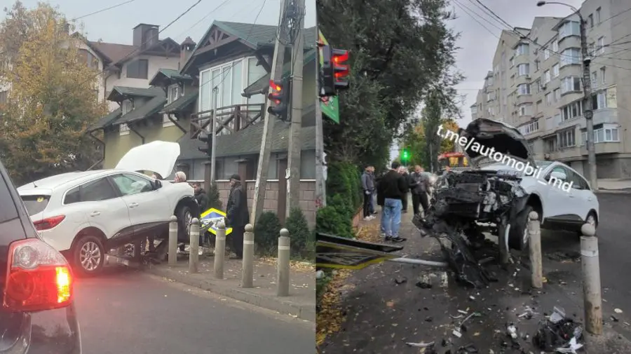 Accident rutier la Buiucani: o mașină a intrat în stâlpii de protecție ai trotuarului