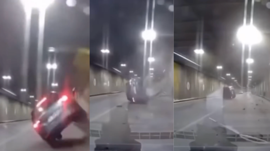 O depășire periculoasă printr-un tunel din București s-a finalizat cu un accident violent. VIDEO cu momentul impactului