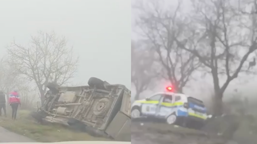 VIDEO Victimele ceții? O mașină a Poliției și un microbuz s-au tamponat la sudul țării
