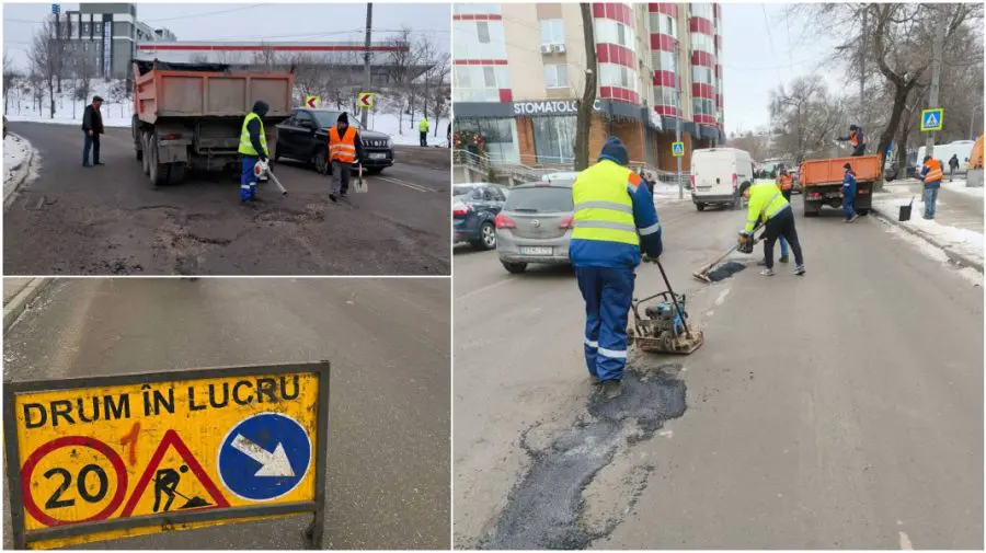Reparații pe drumurile din Chișinău: Serviciile municipale plombează gropile cu asfalt rece, până seara târziu