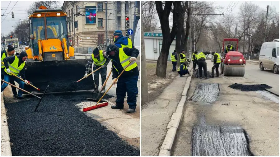 VIDEO Intervenții pe mai multe străzi din Chișinău. Drumarii continuă plombarea carosabilului