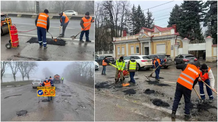 Gropile din carosabil sunt astupate în Chișinău. Serviciile municipale desfășoară lucrări de reparație pe mai multe străzi