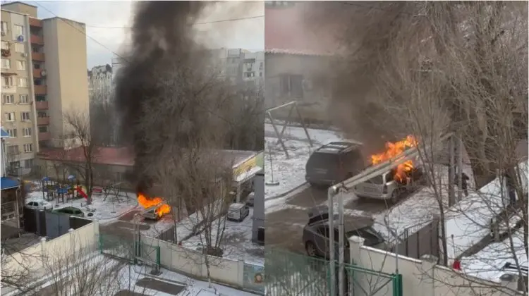 VIDEO Incendiu puternic într-o curte din municipiul Chișinău. O mașină a fost mistuită de foc