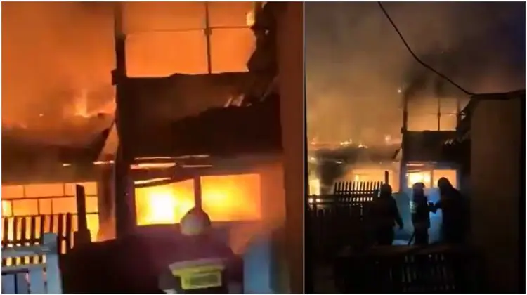 VIDEO Incendiu puternic la Sângerei: o casă și o construcție auxiliară, cuprinse de flăcări. Un bărbat a suferit arsuri