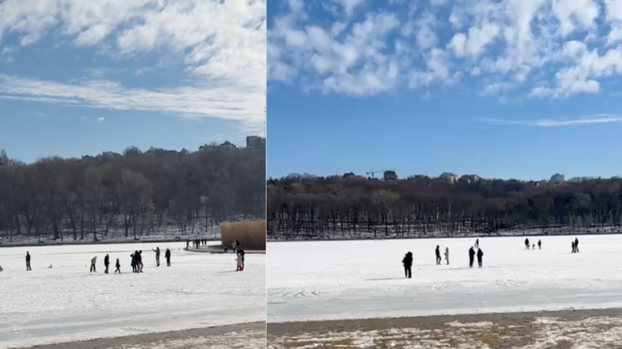 Nu îi sperie avertizările salvatorilor?! VIDEO cu zeci de oameni care se plimbă pe gheața de la Valea Morilor