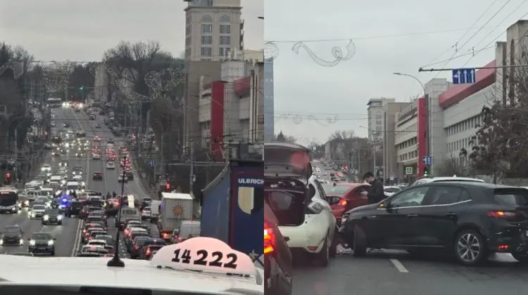VIDEO Coliziune între trei mașini pe strada Mihai Viteazul din Chișinău: Circulația este îngreunată