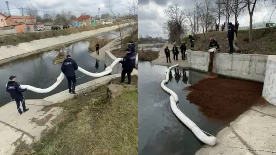 Substanțe petroliere în râul Bîc: Autoritățile au instalat baraje absorbante pentru a limita poluarea