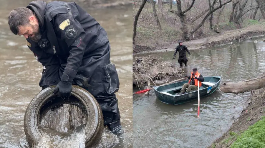 FOTO Dezastru ecologic în râul Bâc: Peste 400 de anvelope, evacuate din apă