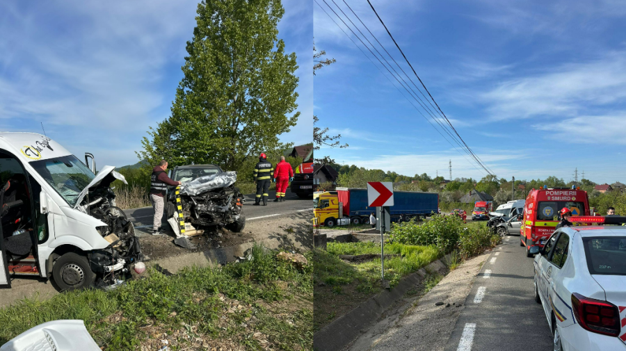 VIDEO Coliziune între autoturism și microbuz în județul Maramureș: 13 persoane rănite