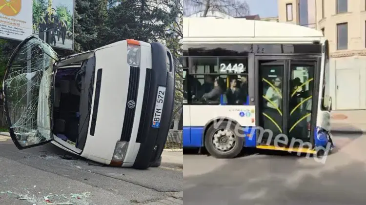 VIDEO Impact violent în Chișinău: Un pasager, rănit după coliziunea dintre un microbuz și un troleibuz