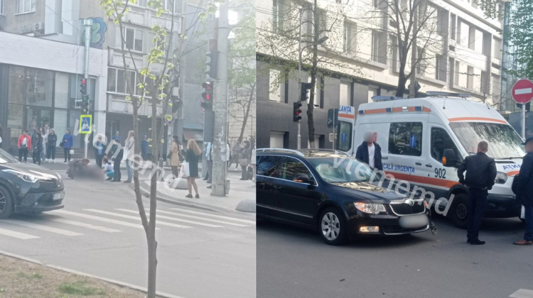 FOTO Un bărbat pe bicicletă, tamponat de o Skoda în centrul Capitalei. Ambulanța l-a dus la spital