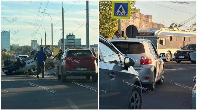 Accident rutier în Capitală: O mașină a izbit parapetul și a răsturnat un alt vehicul