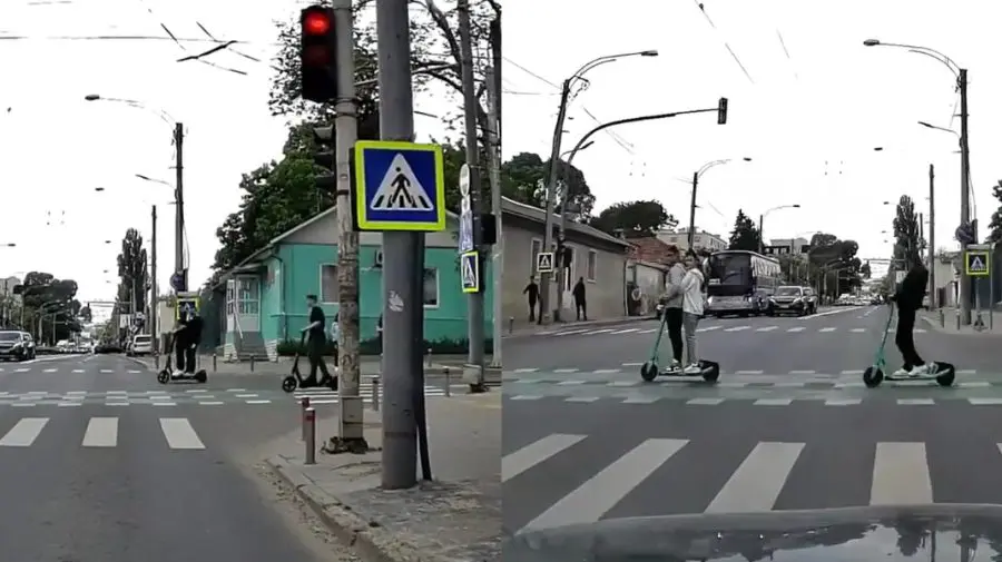 VIDEO Scene periculoase în Chișinău. Un grup de copii pe trotinete, surprins trecând strada pe roșu