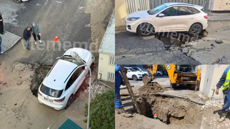 VIDEO Incident în Capitală: O mașină parcată deasupra unei rețele de apeduct a căzut într-o groapă