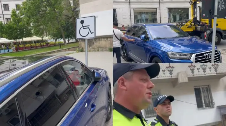 Strigăte pe o stradă din Chișinău! Mașină de lux parcată pe loc pentru persoane cu dizabilități, avariată la evacuare