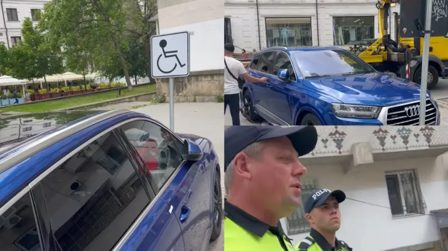 Strigăte pe o stradă din Chișinău! Mașină de lux parcată pe loc pentru persoane cu dizabilități, avariată la evacuare