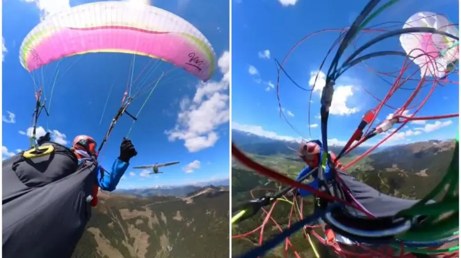 Momentul în care o parapantistă este lovită în zbor de un avion de mici dimensiuni. A scăpat ca prin minune