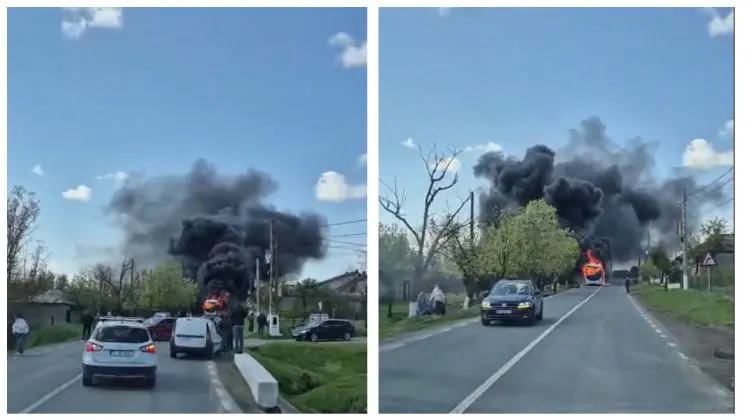 VIDEO Momente de panică într-un autocar cu 27 de oameni. Vehiculul a fost cuprins de flăcări la Tulcea