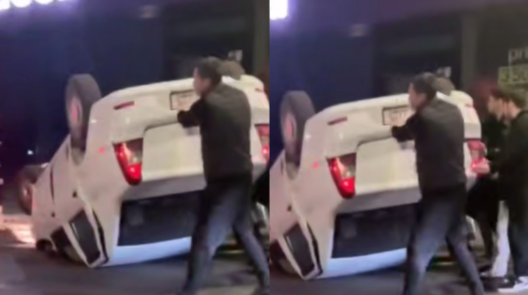 Un automobil s-a răsturnat după ce a lovit o stație de transport public