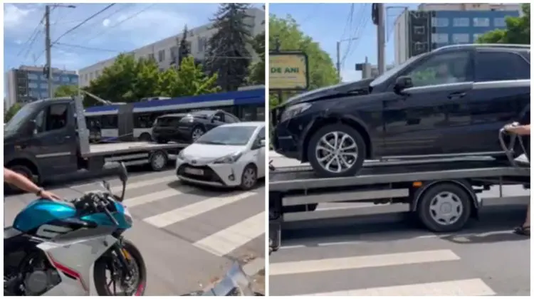 VIDEO Accident în centrul Chișinăului: Un motociclist a fost rănit după ce s-a lovit cu o mașină