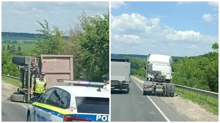 Accident la Orhei: Un camion s-a răsturnat pe marginea șoselei
