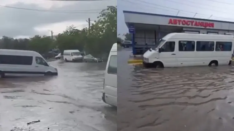 VIDEO Ploile torențiale au transformat autogara din Tiraspol într-un lac. Circulație microbuzelor, îngreunată