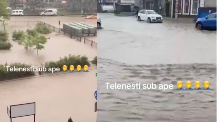 VIDEO Potop în centrul Teleneștiului. Mașinile au fost blocate de șuvoaie