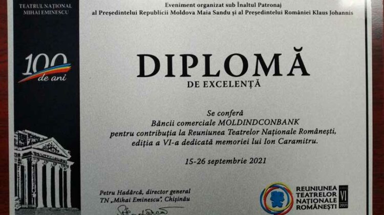Moldindconbank a primit o diplomă de excelență pentru organizarea Reuniunii Teatrelor Naționale Românești