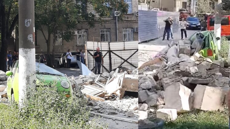 FOTO/VIDEO Un perete al fostului restaurant Sănătate, căzut peste o mașină. Un excavator, surprins la fața locului