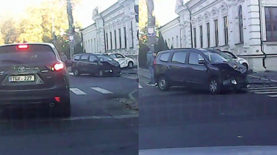 VIDEO Accident matinal în Capitală. Doi șoferi nu au putut împărți o stradă și au ajuns pe același trotuar