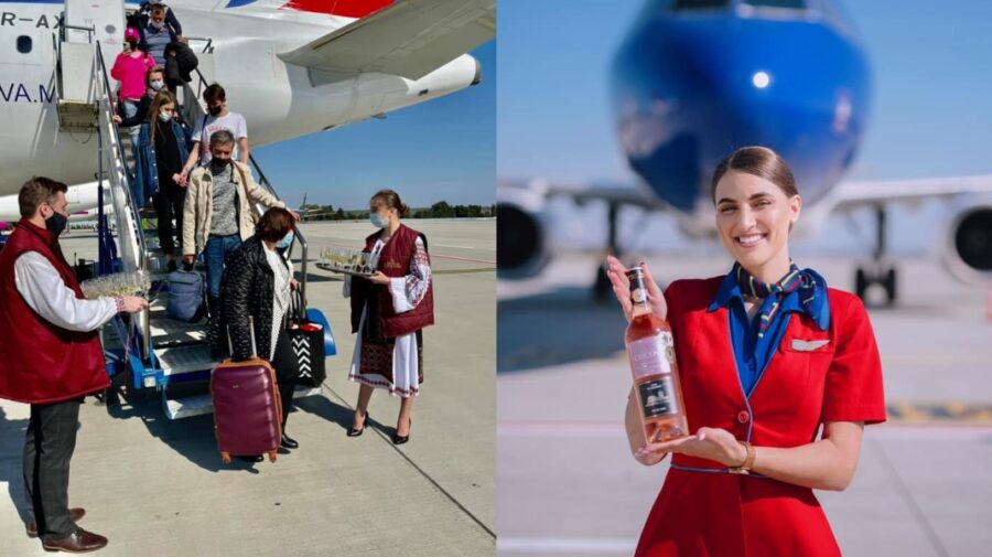 GALERIE FOTO În straie naționale și cu vin autohton! Cum sunt întâmpinați pasagerii Air Moldova