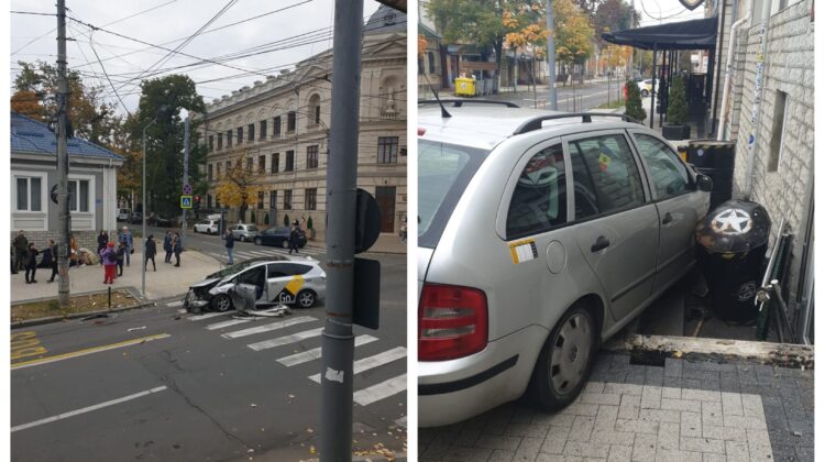 FOTO Dimineață cu ghinion. Două automobile s-au tamponat, iar una a fost proiectată pe trotuar. Sunt victime