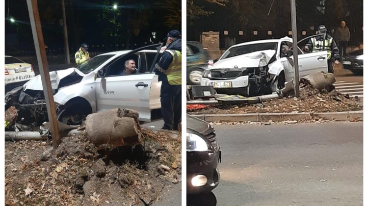 FOTO Beția face „minuni”! Un șofer de taxi a „zburat” cu mașina într-un semafor