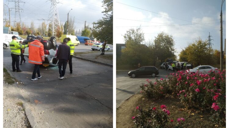 FOTO Coliziune violentă în Capitală, cu implicarea a două automobile. O mașină s-a răsturnat