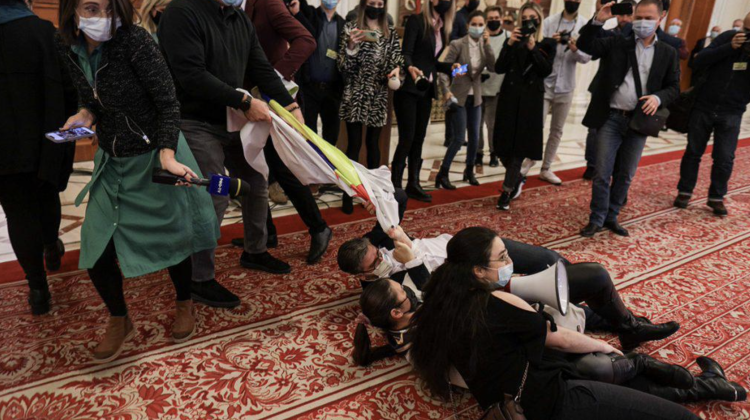 FOTO Activiști tăvăliți pe jos în Parlamentul României: „Este dreptul nostru să protestăm”