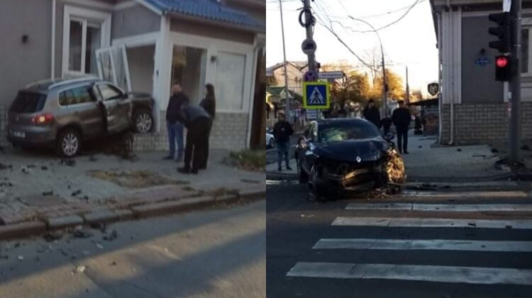FOTO Grav accident în centrul Capitalei! O mașină a „zburat” pe scările unei clădiri. Imobilul a fost avariat